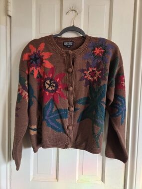 Lands' End Brown Floral Button-Front Knit Cardigan